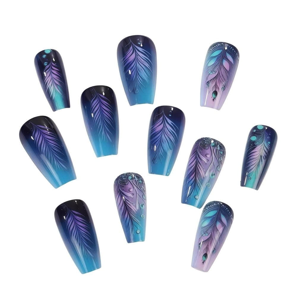 Square Ombre Press on Nails Set - Blue Purple Gradient Feather Pattern Fake Nails with Glue on Nail Acrylic False Nails Glossy Full Cover Stick on Nail for Women 24PCS