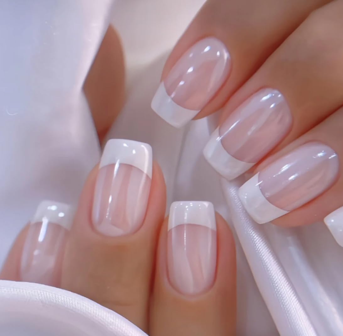 CurvLife Press on Nails Short Square Acrylic Fake Nails with Apricot Design Full Cover False Nails Glossy Nude Glue on Nails Artificial Stick on Nails for Women (Silk Touch)