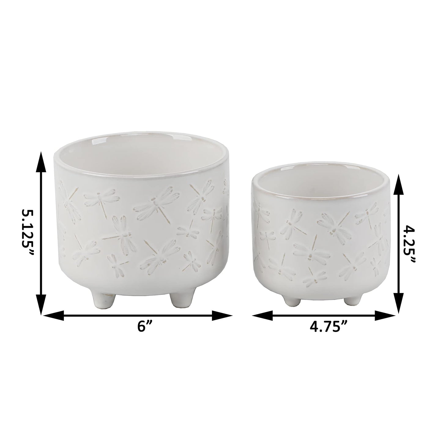 Flora Bunda 6IN & 4.75 in All Over Dragonfly Ceramic Footed Planter, Set of 2