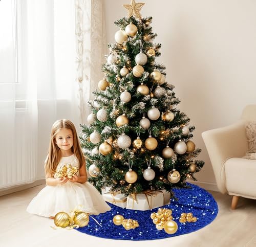 Small Christmas Tree Skirt Blue Glitter Sequin Xmas Tree Skirts 21 Inches Velour Round Christmas Tree Mat Royal Blue Mini Tree Skirt for Table Top Xmas Tree New Year Party Decoration