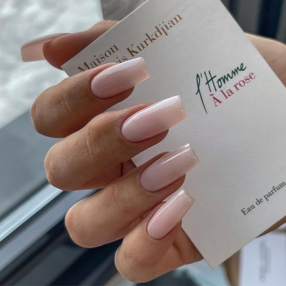 Xcreando Baby Pink Press On Nails Medium Long Square Coffin, Acrylic Glue On Nails, Solid Color Fake Nails for Women, Natural Thick Artificial Stick On