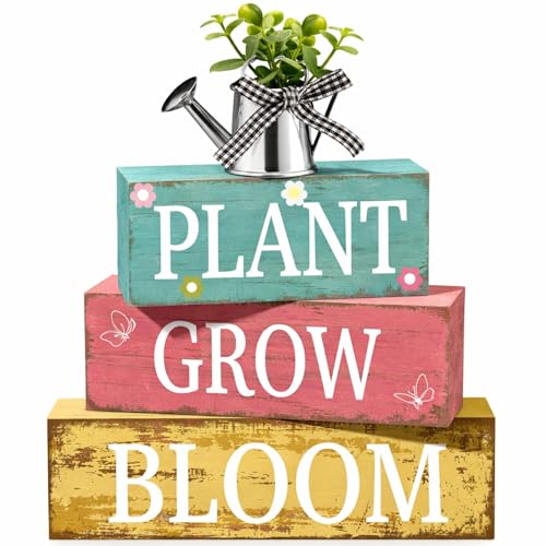 GlikCeil 4 Pcs Spring Table Decoration Spring Tiered Tray Decor Plant Grow Bloom Wooden Kettle Block Sign Farmhouse Rustic Table Decor Wood Tabletop Centerpiece for Home Desk Kitchen Shelf Decors - style: Spring