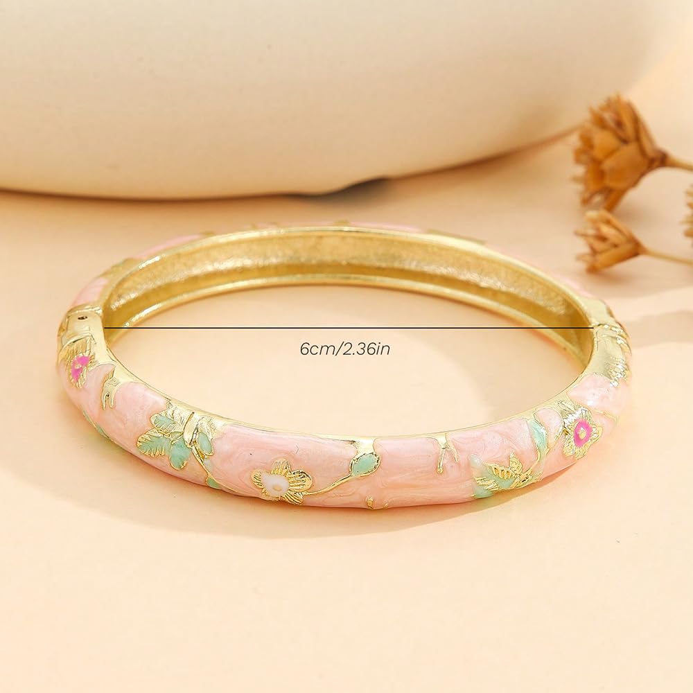 BlingNook Cloisonne Bracelet For Women, Chunky Bangle Trendy Cute Flower Enamel Bangles Multi Tone Engraved Cuff Gold Plated Bracelets Stackable Wife Jewelry Friendship Gift (White, One Size)