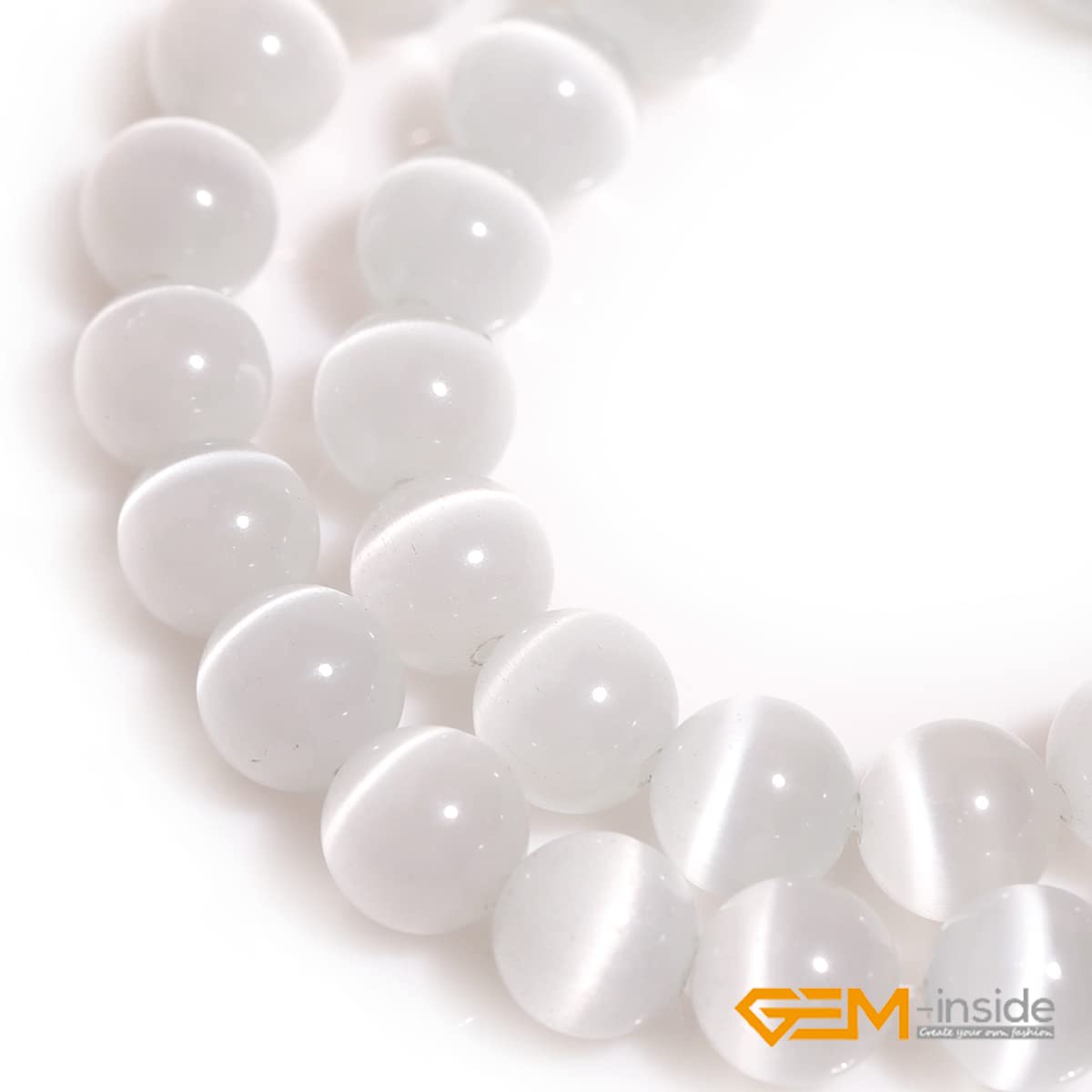 GEM-Inside Cat Eye Gemstone Loose Beads 8mm Round White Crystal Energy Stone Power Beads for Jewelry Making 15"