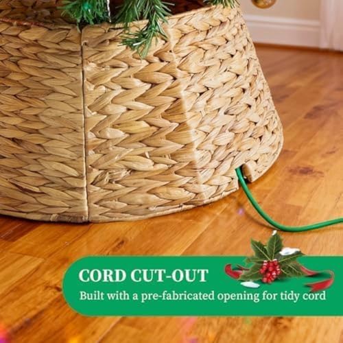 Sweetcrispy 36-inch Christmas Tree Collar for 8-11ft Trees, Woven Hyacinth Rattan 4-Panel Collar w/Cord Access Hole & Easy Lock Design, Handwoven, Natural