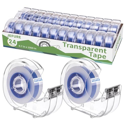 24 Pcs Transparent Tape with Dispenser, 0.7 x 1000 in Blue Core Clear Tape Rolls Bulk, Office Tape Refills for Desk, Craft, and Gift Wrapping