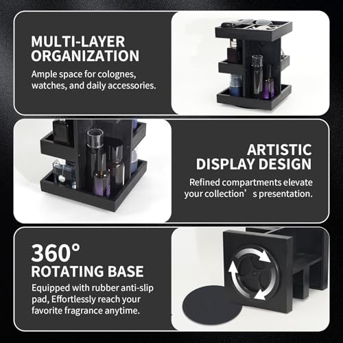 Cologne Organizer for Men, 3-Tier Rotating Cologne Stand with Non-Slip Pads, Large Capacity Wood Perfume Shelf for Desk & Nightstand, Gifts for Men Husband Birthday (Black)
