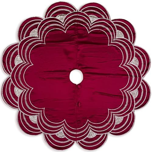 72-Inch Beaded Scalloped Christmas Tree Skirt in Foam-Lined Satin, Button-Loop Closures, Cranberry
