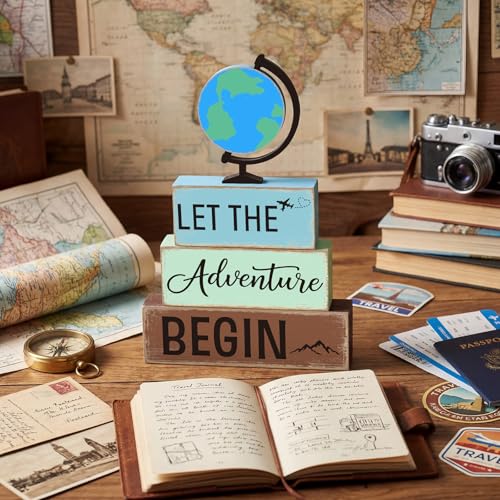 GlikCeil 4 Pcs Adventure Awaits Tiered Tray Decor Earth Day Adventure Wood Table Decoration Travel Party Centerpieces for World Bon Voyage Travel Around The World Party Home Office Desk Shelf Decors - style: Earth