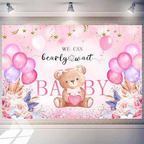 We Can Bearly Wait Backdrop 10 x 8 ft Pink Boho Baby Shower Background Girl Gender Reveal Decorations for Newborn Baby Baptism Birthday Party Banner Photography Props Supplies - color: Girl, size: 118”x94”