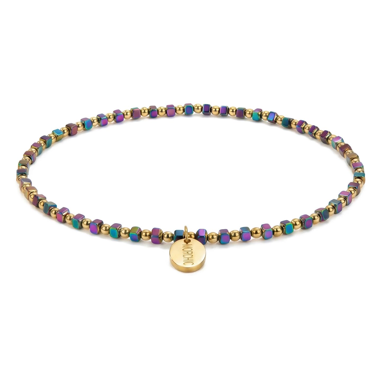 Morchic Womens Rainbow Hematite Anklet, Gold Plated Brass Beads Handmade Foot Chain, Elastic Beach Chakra Jewelry 9.5" (Ank-4)