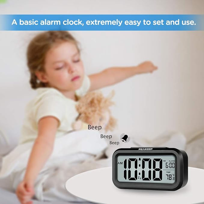 Peakeep Night Light Digital Alarm Clock Battery Operated Indoor Temperature | Small Cordless Cute Clock for Bedroom Desk Travel, Simple to Use for Teens Kids (Black)