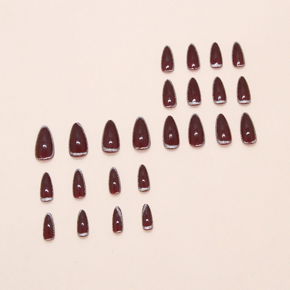 Red Press on Nails Medium Almond Fake Nails with Silver Glitter Design Glossy Ombre Red False Nails Shiny Acrylic Stick on Nails Reusable Full Cover Glue on Nail for Women Girls Manicure 24Pcs