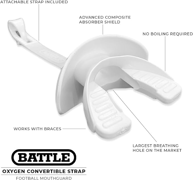 Battle Sports Binky Oxygen Football Mouthguard - Detachable Strap, Maximum Breathability, Works with Braces & No Boiling Required