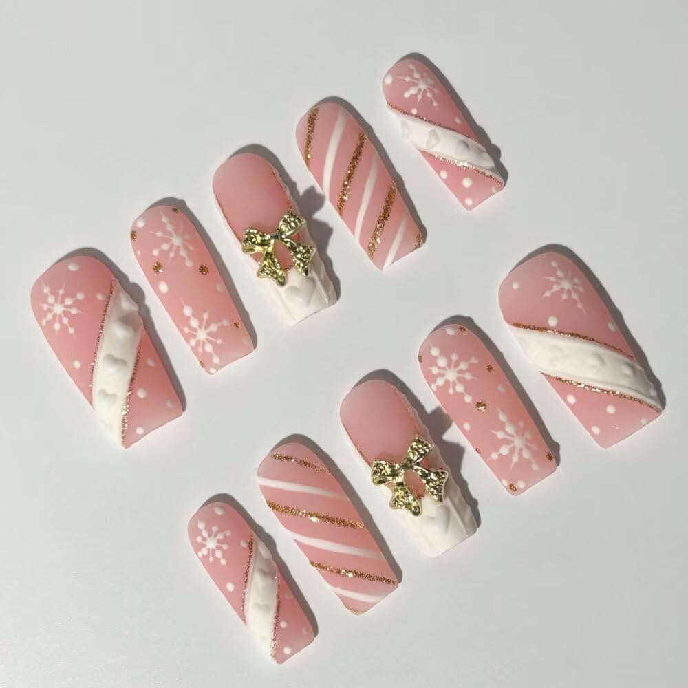 MAGLFELL Press On Nails Handmade Square Fake Nails, Painting Snowflakes and Gold Plated Bow Design,10 Pcs Reusable ABS Material Acrylic Fingernail Tip Salon Artificial Nails Kit (Size M)