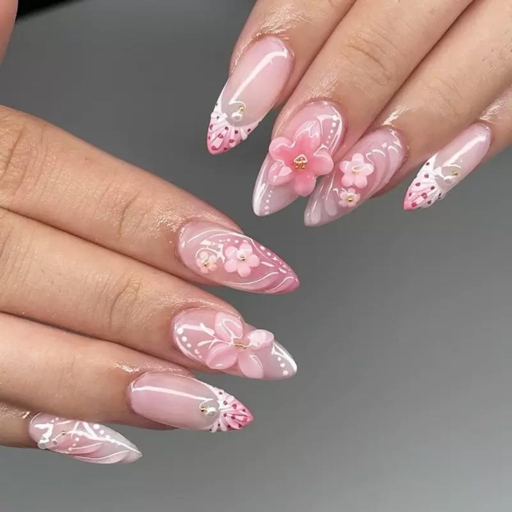CTTHNBD Medium Press on Nails Almond - Pink Fake Nails with 3D Flower Design - Spring, Ombre False Nails Press ons - for Women 24 Pcs