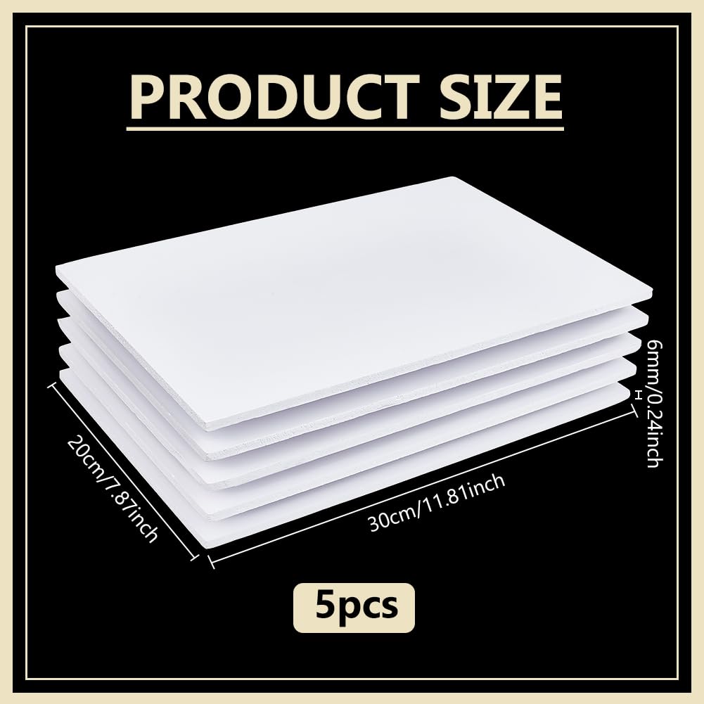 BENECREAT 5Pcs 1/4 Inch White Foam Boards, 12x8 Inch Rectangle PVC Foam Sheet Poster Board for Mounting, Crafts, Art, Display, Presentation and Projects