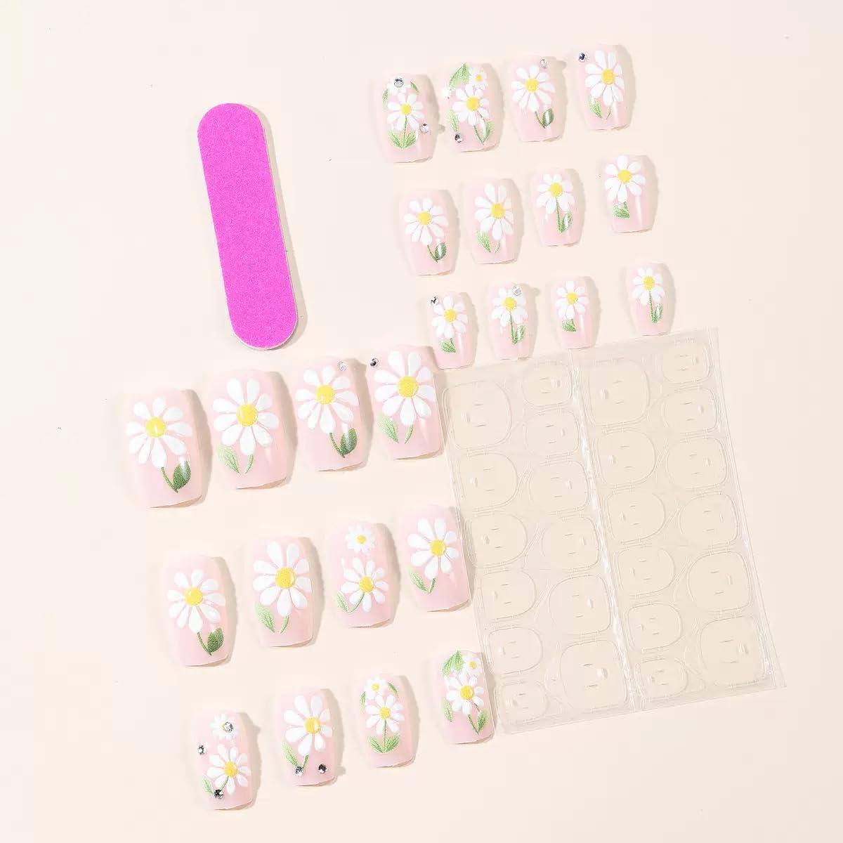 CTTHNBD Square Press on Nails - Medium Fake Nails with Daisy Design - Summer, Flower False Nails Press ons - for Women 24 Pcs