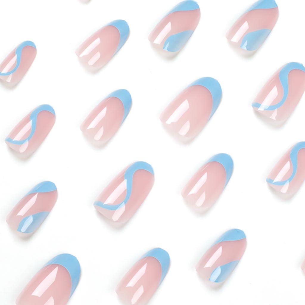 RikView French Tip Press on Nails Medium Fake Nails Blue Nails with Swirls Design Almond Acrylic Nails