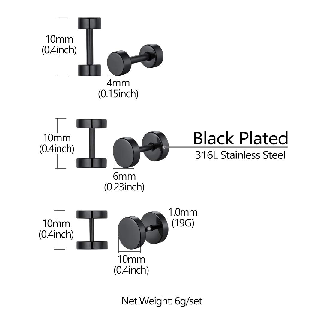 Hip Hop Round Cartilage Stud Earrings Black Plated Stainless Steel Piercing Barbell Ear Studs for Men Women