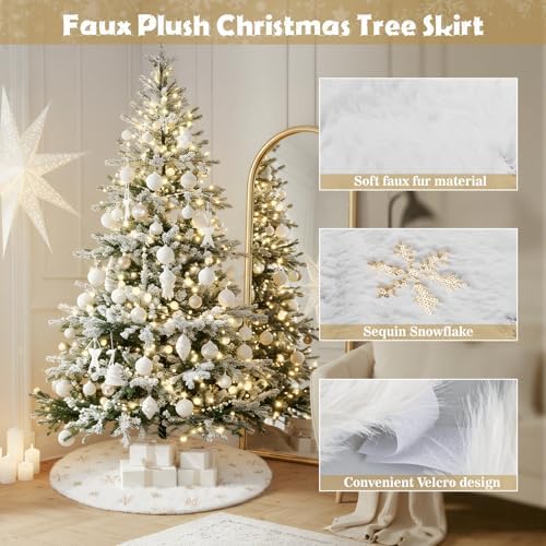 30" White Plush Faux Fur Christmas Tree Skirt with Gold Sequin Snowflakes