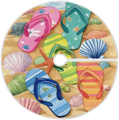 Summer Beach Flip Flops Tree Skirt 48" Spring Summer Large Christmas Tree Skirts Rustic Farmhouse Xmas Mat for Holiday Festival Party Decor