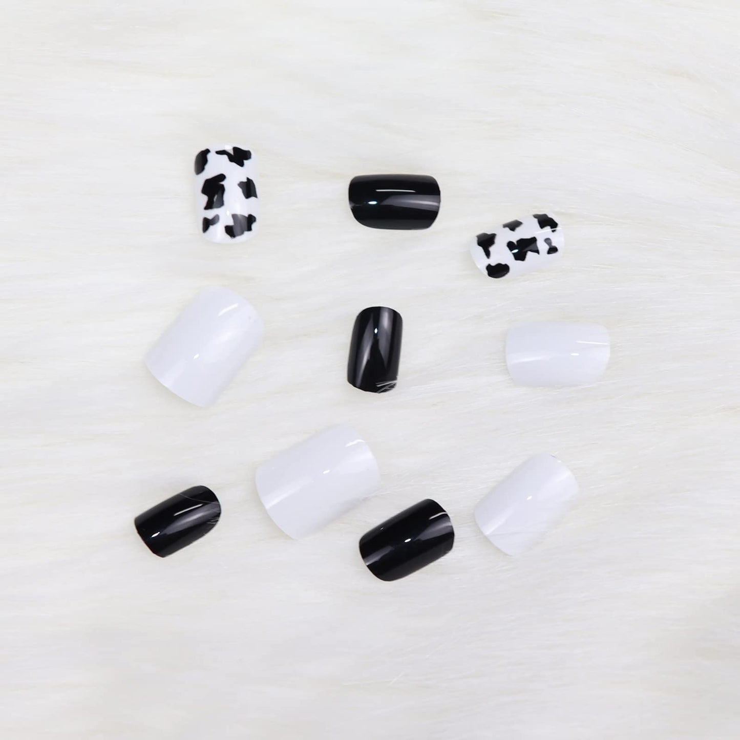 IMSOHOT Glossy Square Press on Nails Short Squoval Cow Print Cute Black False Full Cover Glue on Nails for Women & Girls