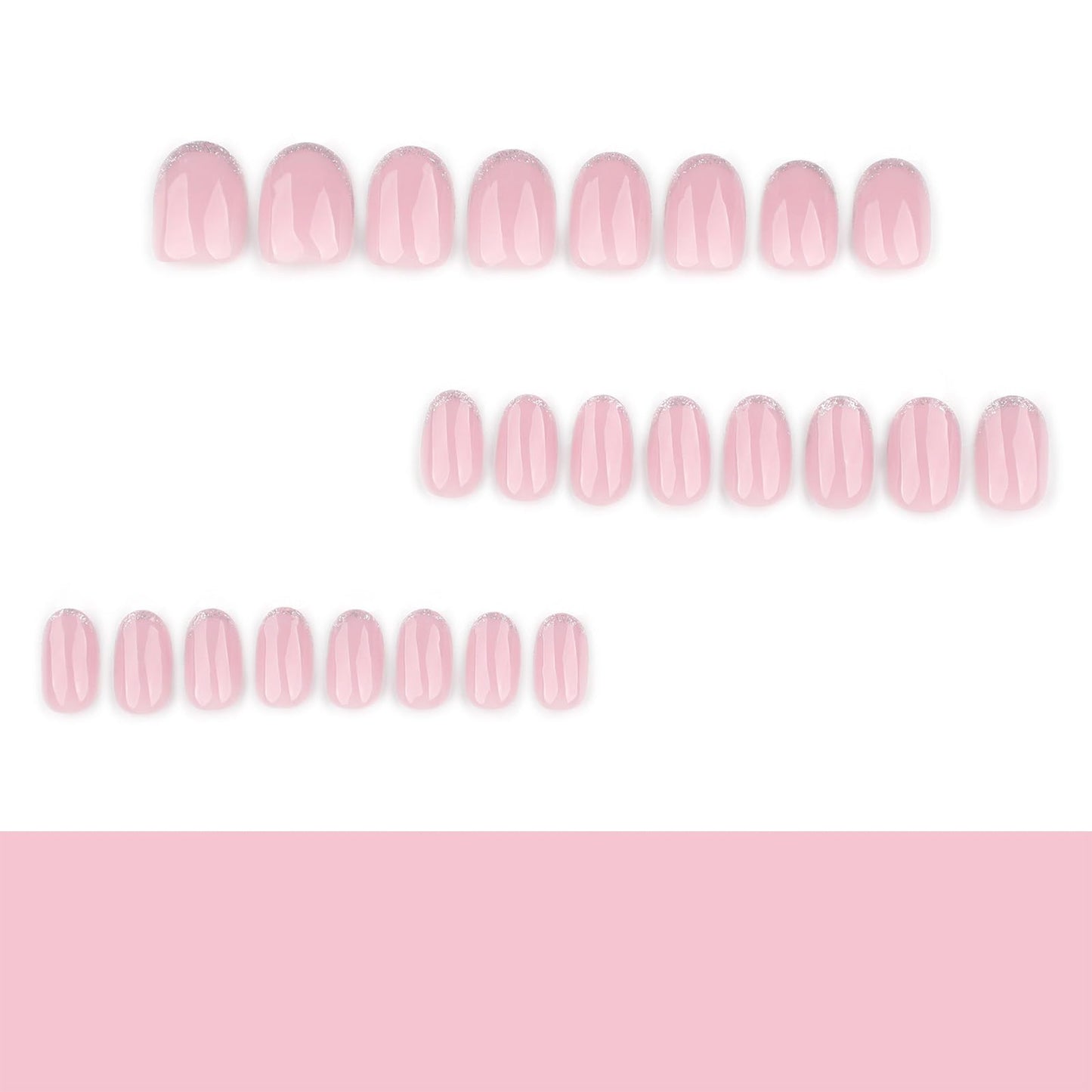 Silver Glitter French Tip Press On Nails Short Oval GCSQW Fake Nails, Light Pink Glossy False Nails Reusable Acrylic Stick On Nails for Women, 24 Pcs Manicure Kit with Adhesive Tabs