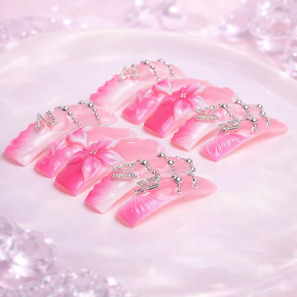 IntoVibes Handmade 10 Pcs Curved Press On Nails, Long Pink Gradient False Nails with 3D Flowers, Butterfly Rhinestone Charms and Glossy Finish (M)