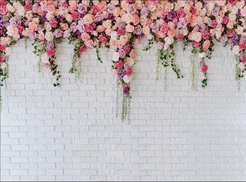 8x6ft Loral Wall Backdrop White Brick Flower Background Pink Rose Wedding Backdrop Romantic Garden Party Decoration for Bridal Shower Baby Shower Birthday Photo Booth - size: 8x6ft