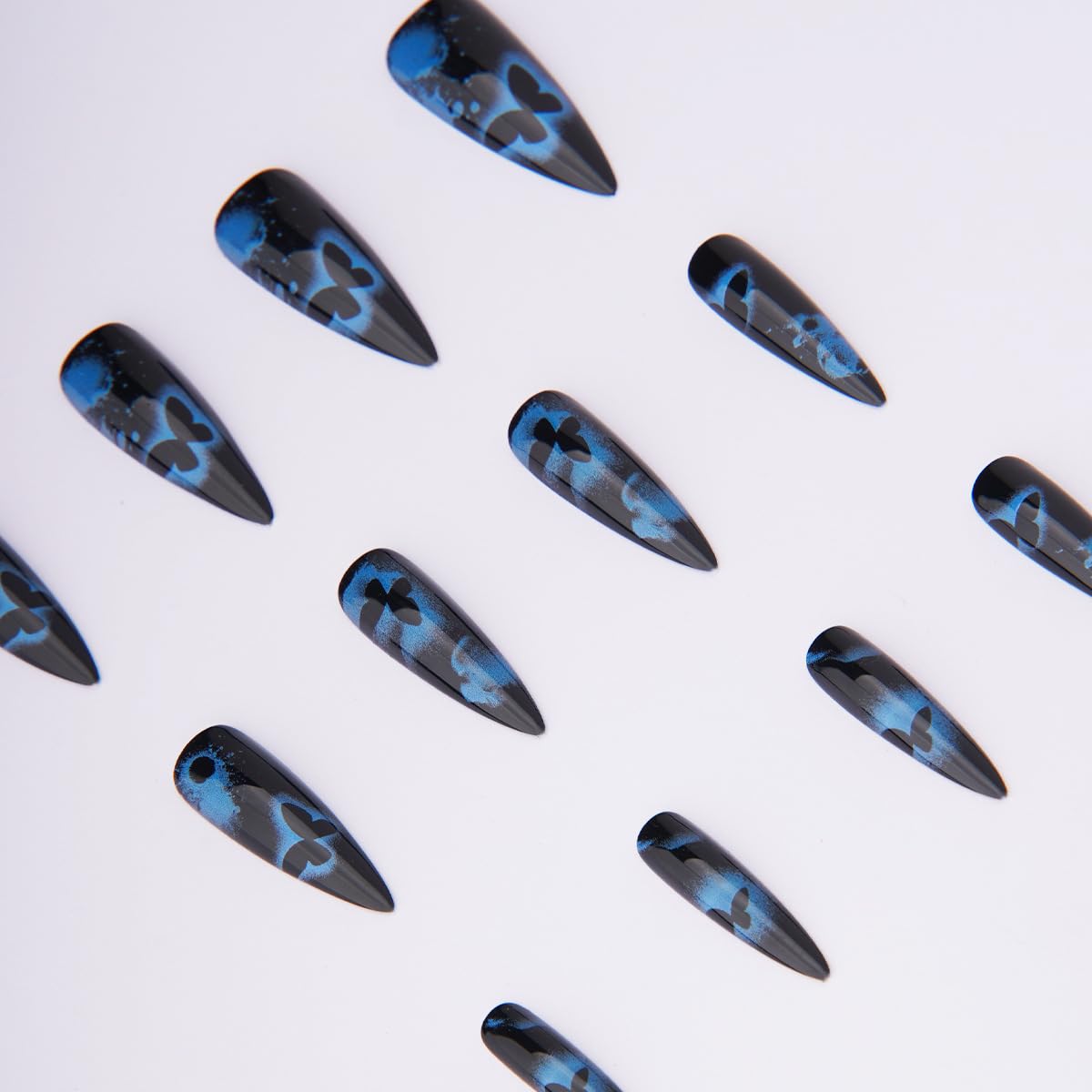 Black Press on Nails Long Stiletto Fake Nails with Design Butterfly Glue on Nails Cute False Nails Full Cover Reusable Artificial Acrylic Stick on Nail for Women Manicure 24Pcs