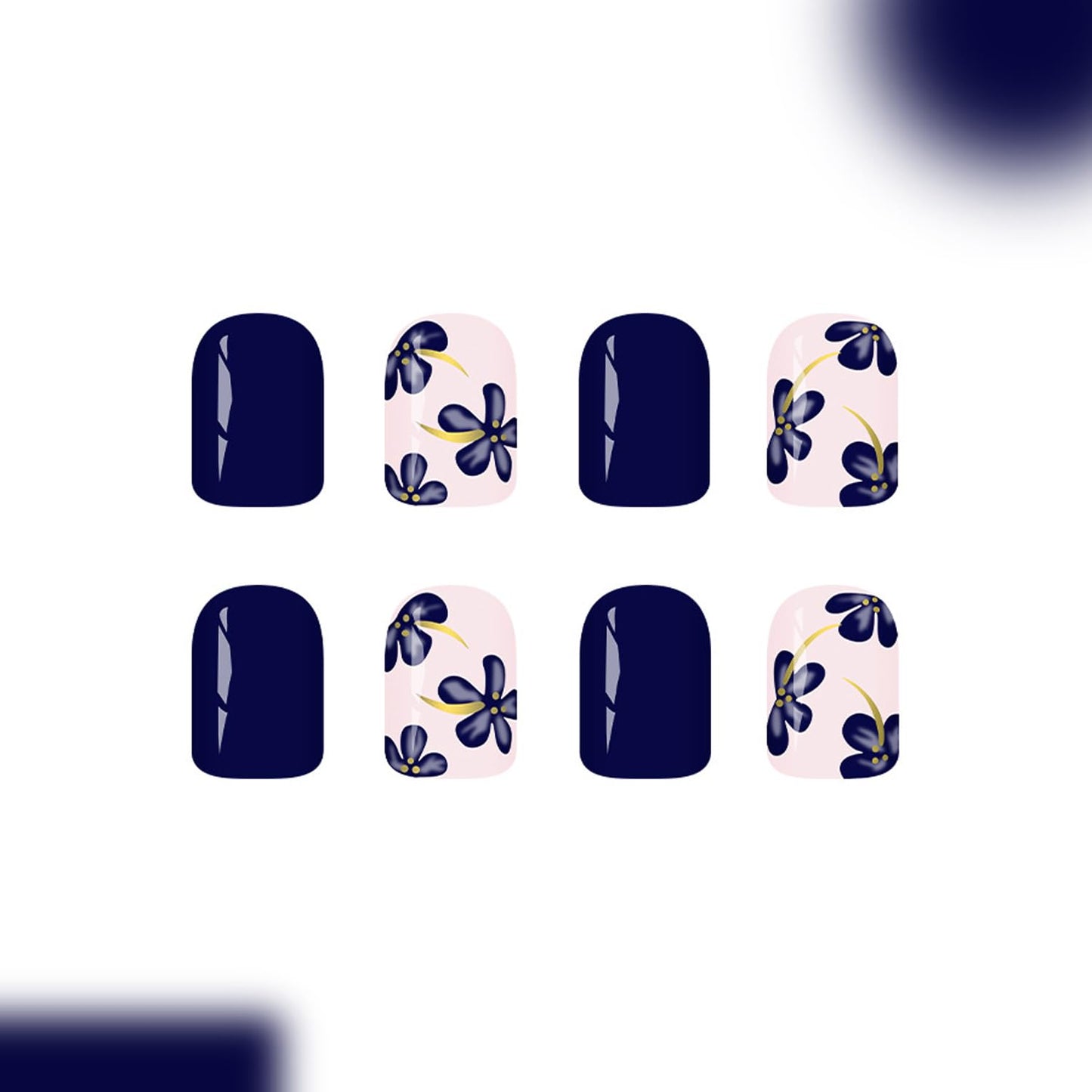 24pcs Square Press On Nails Short Fake Nails Dark Blue False Nails With Flower Design Full Cover Acrylic Reusable Spring Glue On Nail Summer Cute Stick On Nail For Women Manicure
