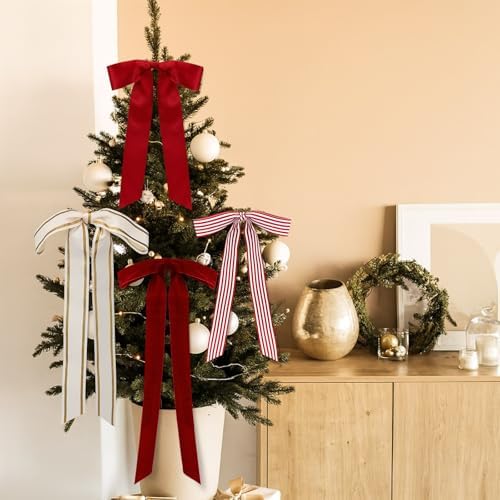 Suncalla 8 Pcs Christmas Wreath Bows Farmhouse Stripe Velvet, 13.8-17.7 in