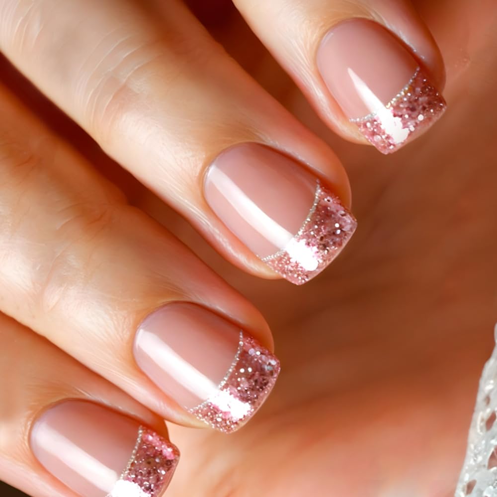 Starry Sky French Tip Press on Nails Medium Square Fake Nails Silver Glitter French Design False Nails Shine Nude Pink Full Cover Glossy Acrylicl Artificial Nails for Women Manicure Salon 24Pcs