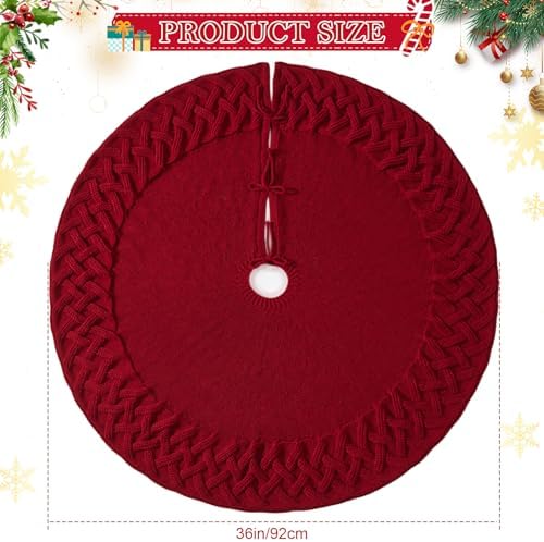 TOCHGREEN Red Knitted Christmas Tree Skirt 36 inches Chunky Cable Knit Thick Rustic Christmas Tree Mat Farmhouse Decor Xmas Tree Base Cover for Home Holiday New Year Party Decor (Red, 36inch)