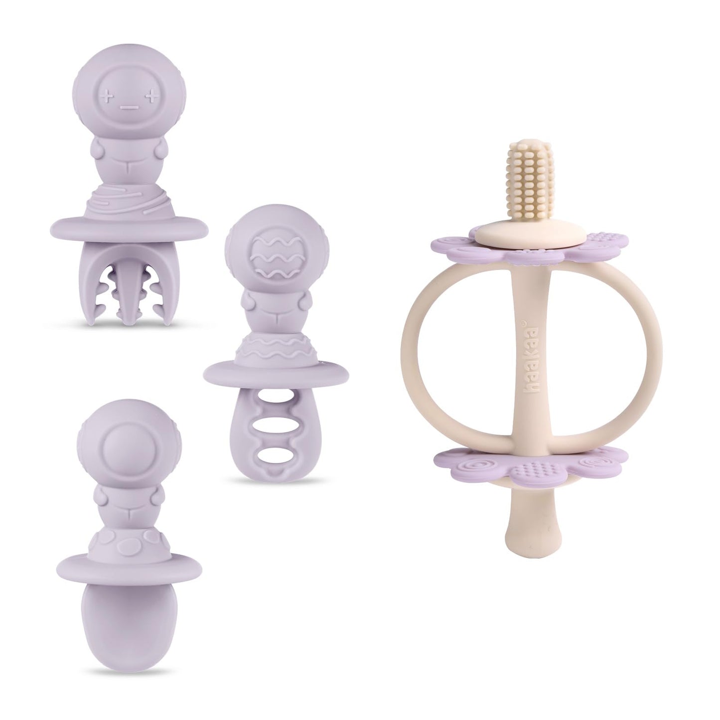 haakaa Silicone Twin Flower Teether&Astronaut Beginner Silicone Cutlery Set-Nipple-Shaped End for Gum Massage,360° Baby Toothbrush Head for Self-Brushing Training-Toddler Spoons Self Feeding 6+Months,