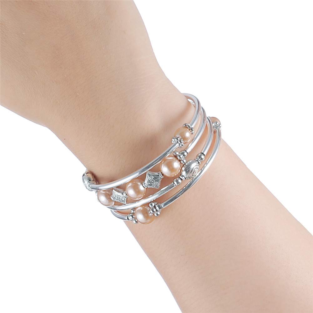 Beaded Pearl Bangle Wrap Bracelet - Fashion Bohemian Jewelry Multilayer Charm Bracelet with Thick Silver Metal Beads, Gift For Women(Champagne)