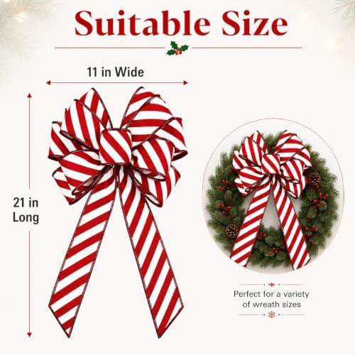 2 Pack Christmas Wreath Bows, Red White Candy Stripe, 11 x 21 Inch Set