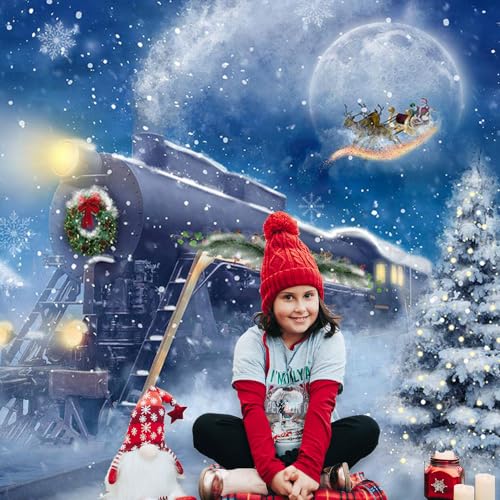 Avezano 10 x 7 ft Christmas Train Backdrop Snow Night Christmas Themed Party Backdrop Moon Santa Claus Railway Photography Background Xmas Day Party Banner Decorations - size: 10x7ft, 118x82inch