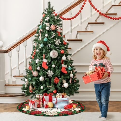 Christmas Tree Skirt Snowman Tree Decorations Buffalo Plaid Christmas Tree Mat Xmas Tree Skirt Ornaments for Holiday Party Indoor House Deco (Green, 36 Inches)