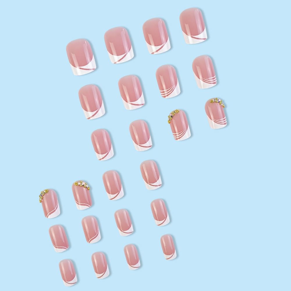 Extra Short Press On Nails 24Pcs Glue On Nails Square Short Fake Nails Glossy False Nails with White French Tip&Diamond Press Ons Designs Artificial Stick on Nails for Women