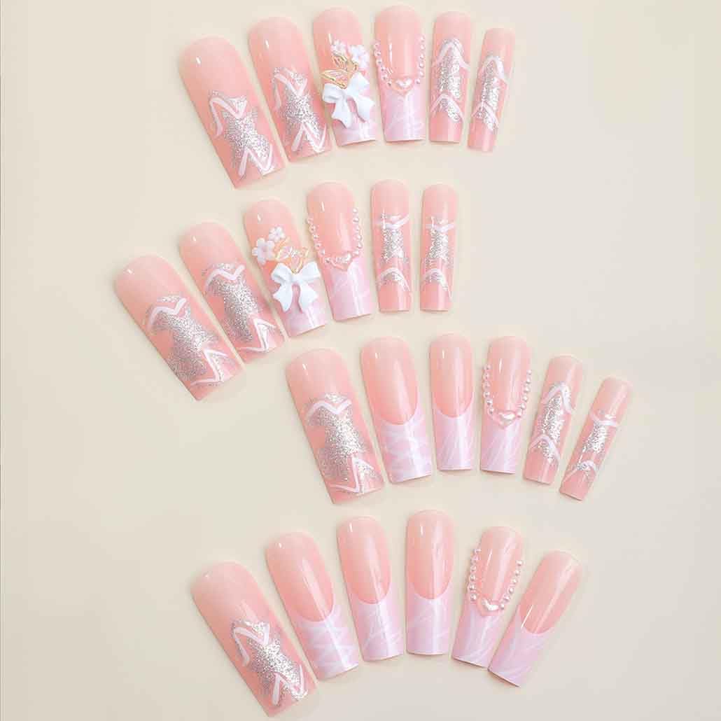 Foccna Pink Press on Nails Long,3D Pearl Fake Nails Square Bling Glossy Rhinestone False Nail Tips Artificial Nails for Women and Girls-24pcs