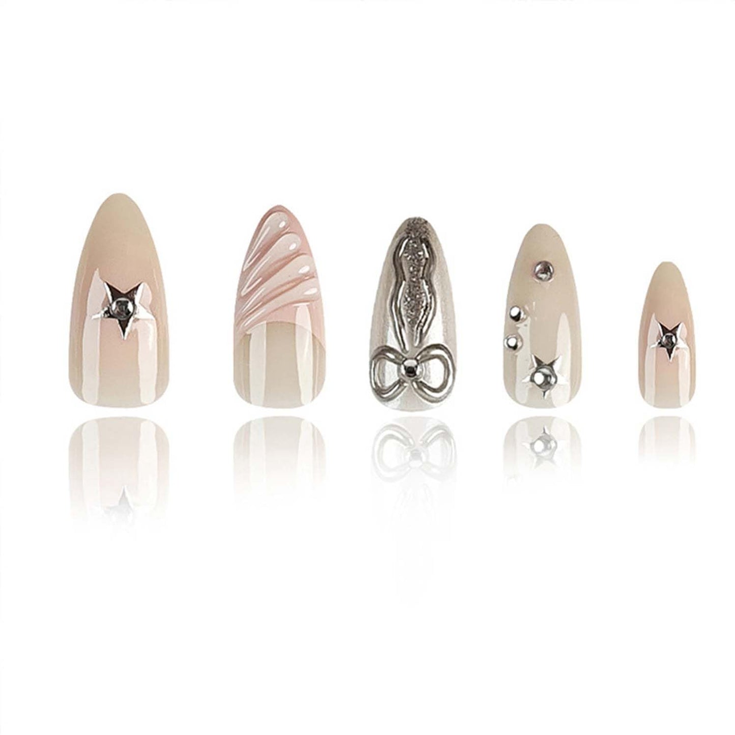 Almond Press On Nails Medium Fake Nails Bow With Star Rhinestone Design French Tip False Nails Full Cover Acrylic Nails Artificial Reusable Glue On Nail Stick On Nail For Women Manicure Art 24pcs