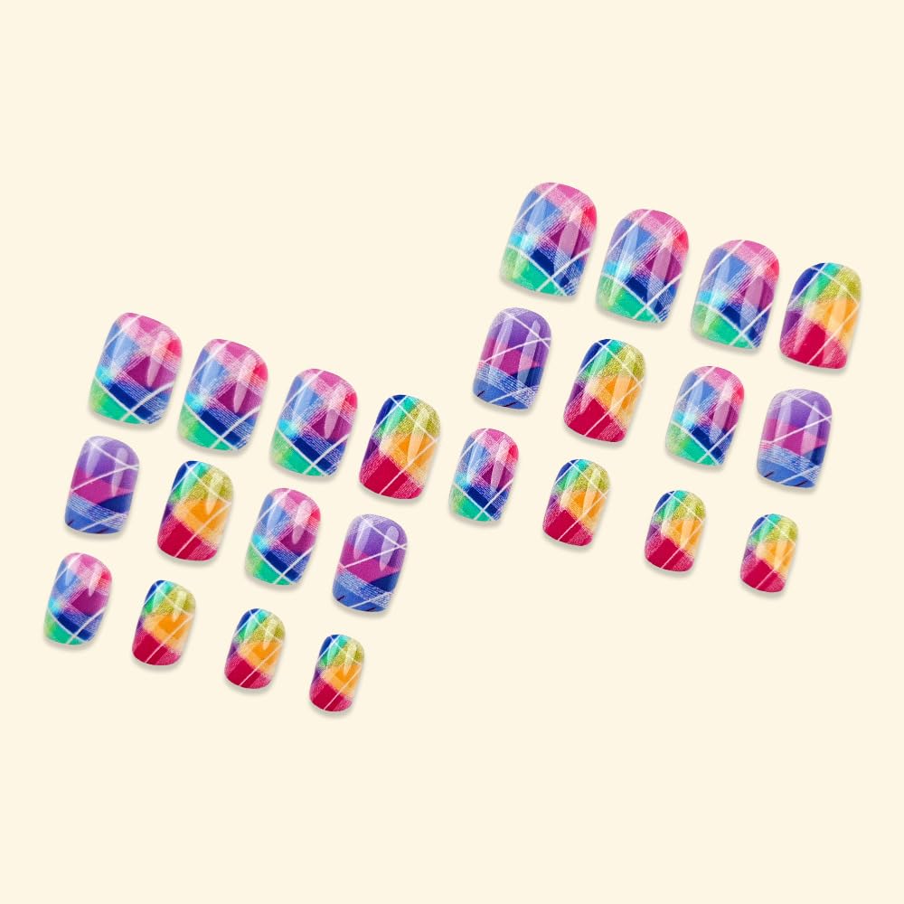 Press on Nails Short Square Colorful Fake Nails with Designs Summer False Nail Short Square Nails Press ons Fingernails Full Cover Artificial Acrylic Stick on Nail for Women 24PCS