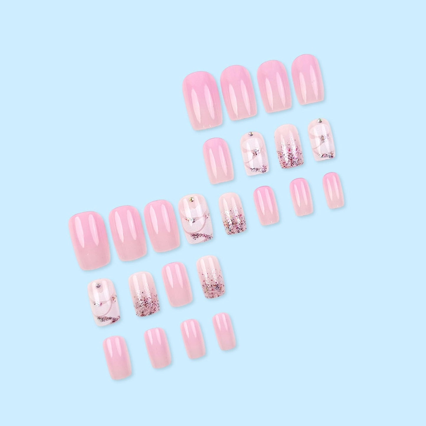 24Pcs Press on Nails Medium Square Fake Nails with Glitter Rhinestones Designs Glossy Nails Press ons Pink Gradient Glue on Nails Acrylic Artificial Stick on Nails for Women
