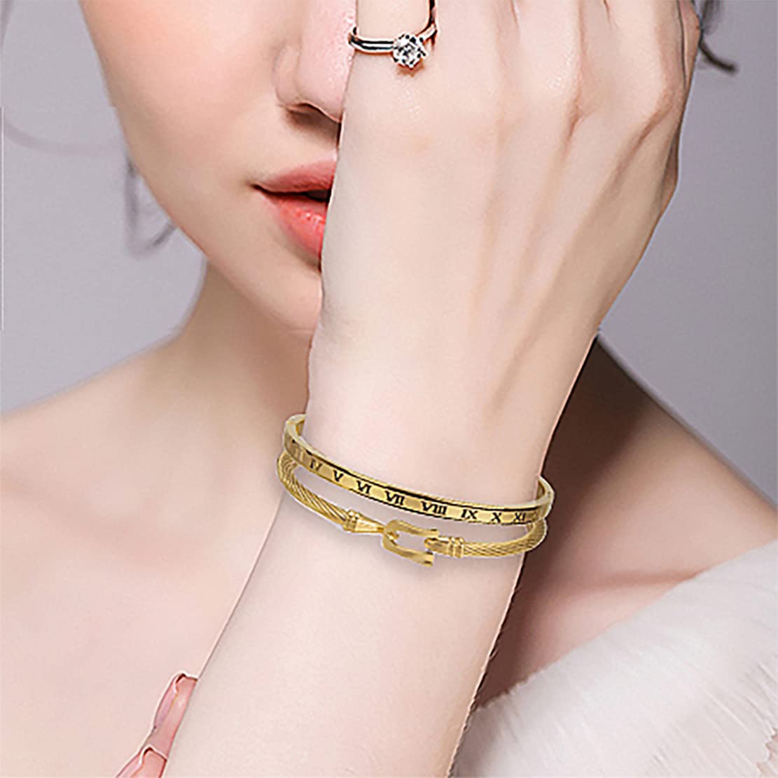 Jarlinwel Gold Silver Plated Bracelets for Men Women Roman Numeral Bangle Bracelet Stainless Steel Personalized Engraved Unisex Gift (2Pcs Gold Cable Bracelet)
