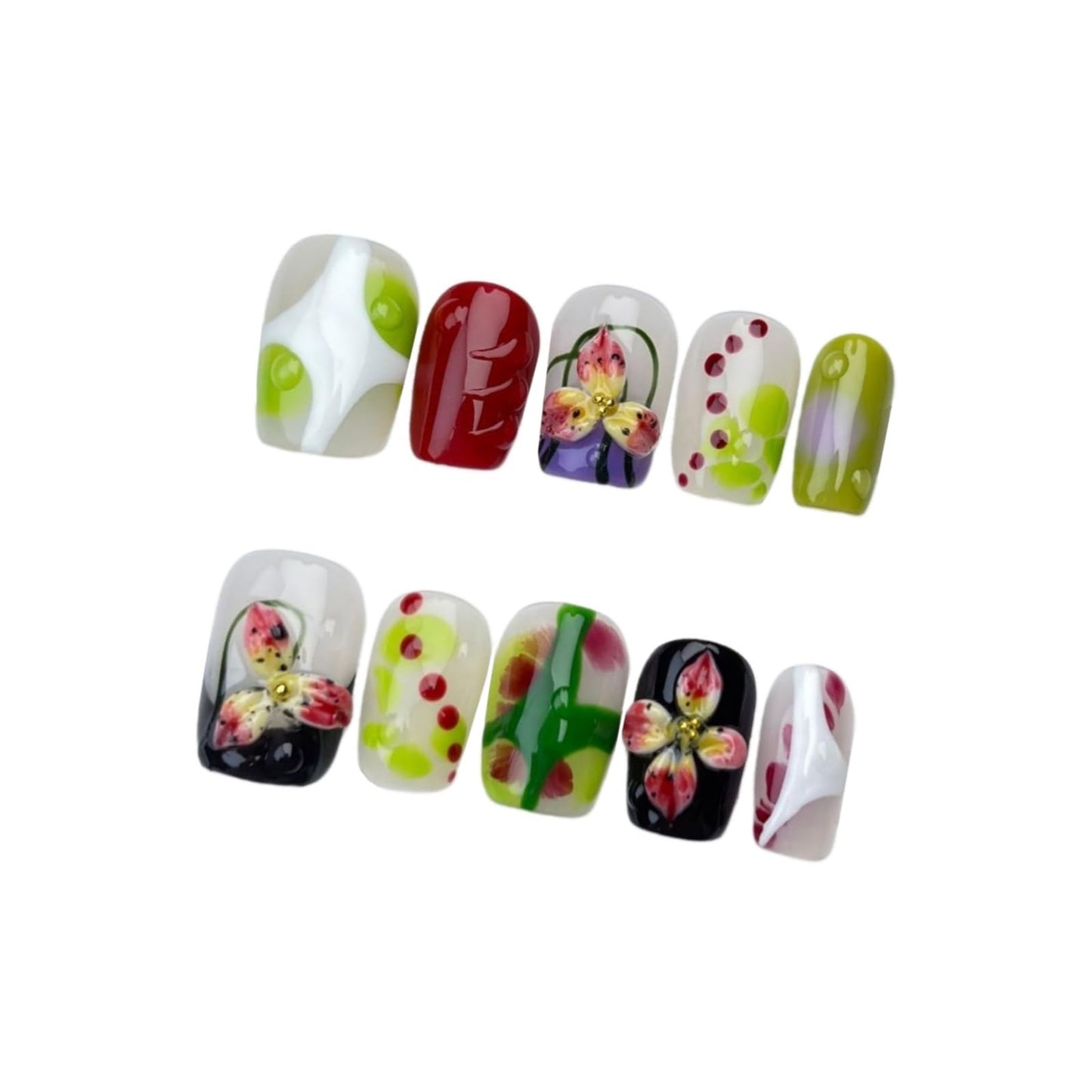 Short Square Press on Nails 3D Flower False Nails with Designs, Glitter Fake Nails Handmade Reusable Manicure Kit (Multicolor#Small)