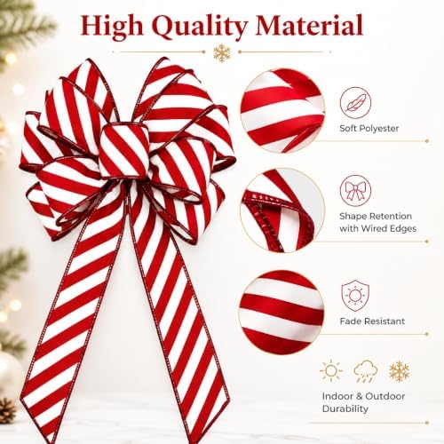 2 Pack Christmas Wreath Bows, Red White Candy Stripe, 11 x 21 Inch Set