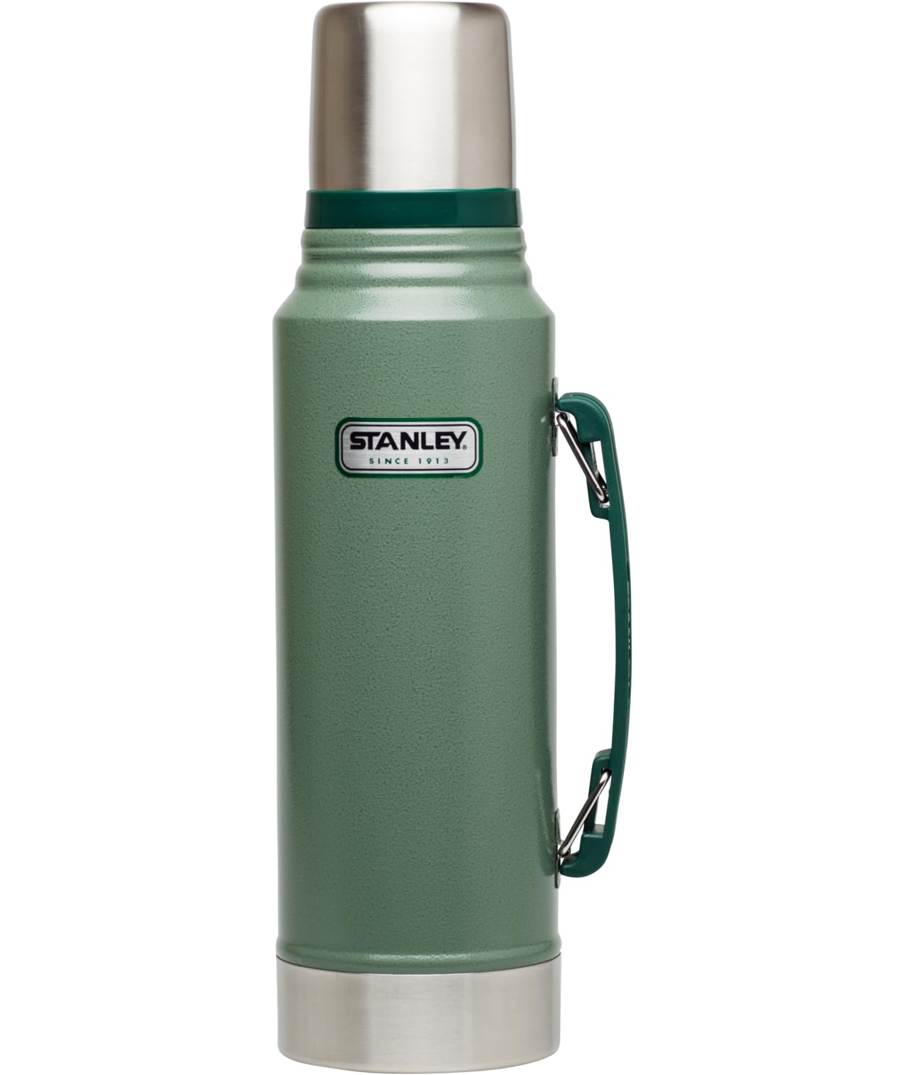 Stanley Heritage Classic Vacuum Bottle with Handle 1.1 qt | Wide Mouth w/Leakproof Cup Lid | Keep Drinks Hot or Cold | Insulated Stainless Steel Thermal Bottle | BPA-Free | Hammertone Green