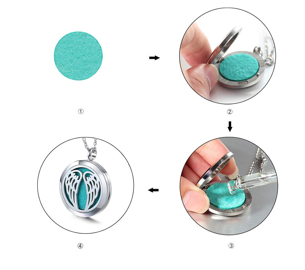 Aromatherapy Essential Oil Diffuser Necklace 316L Stainless Steel Locket Pendant with 24 Inch Chain (Angel Wings)